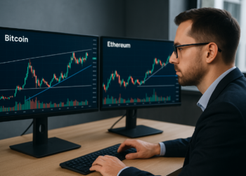 Bitcoin rompe resistencias clave con analista financiero monitoreando gráficas.