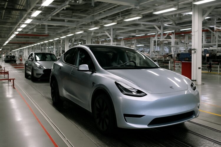 Interior de fábrica Tesla con vehículos eléctricos en línea de montaje antes del informe de ganancias.