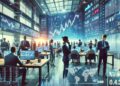 Mercado financiero en acción con traders analizando datos y gráficos bursátiles en tiempo real.