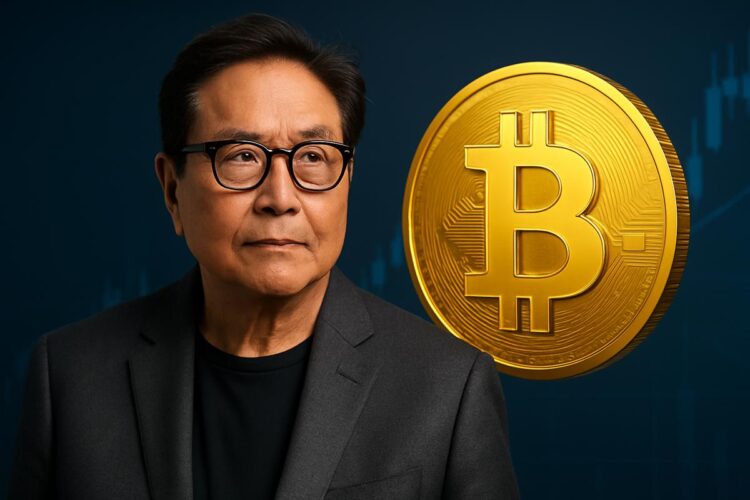 Robert Kiyosaki junto a un Bitcoin dorado en una escena financiera sobria y profesional.