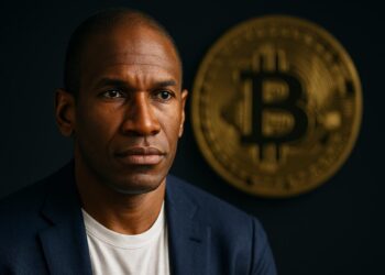 Arthur Hayes frente a gráfico digital con Bitcoin destacado, en contexto financiero realista.