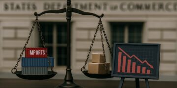 Economía global reflejada en una balanza dorada ante tensiones comerciales.