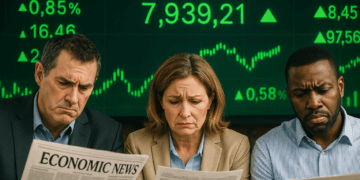 Personas leen noticias económicas con expresiones de preocupación frente a pantalla con cifras verdes