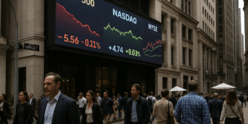 Pantalla de cotizaciones mixtas en Wall Street en mayo con peatones cruzando y clima nublado en el entorno.