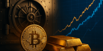 Bitcoin junto a lingotes de oro frente a una bóveda de la Fed y gráfico alcista, reflejando el impacto del QE en activos refugio