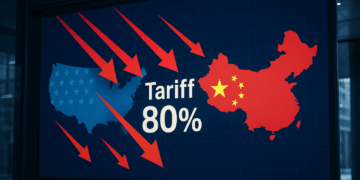 Pantalla LED con “Tariff 80%”, mapas de EE.UU. y China y flechas rojas descendentes