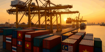 Grúas portuarias chinas cargan contenedores con banderas del sudeste asiático al amanecer