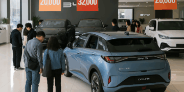 Concesionario BYD con clientes observando modelos eléctricos