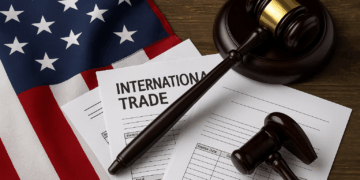 Bandera estadounidense, documentos legales y mazo judicial representan la decisión contra los aranceles de Trump