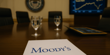 Documento de Moody’s sobre una mesa de la Fed, con pantallas de datos y sillas vacías al fondo, tras la rebaja crediticia a EE. UU.