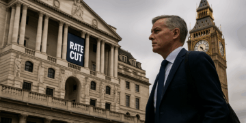 Ejecutivo pasa frente al Banco de Inglaterra con mensaje “Rate Cut” en pantalla del edificio