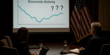 Sala de la Fed con gráficos inciertos en pantalla, simbolizando el dilema económico ante la Fed.