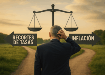 Banquero duda entre recortes de tasas e inflación ante una balanza, simbolizando el dilema de la Fed tras la tregua comercial