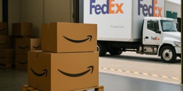 Vista interior de un centro logístico de Amazon con estanterías altas, carritos de paquetes y trabajadores en movimiento.