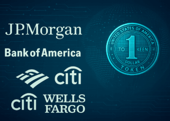 Montaje con logos de JPMorgan, BofA, Citi y Wells Fargo junto a un stablecoin tokenizado flotando en fondo tecnológico