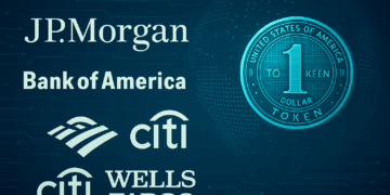 Montaje con logos de JPMorgan, BofA, Citi y Wells Fargo junto a un stablecoin tokenizado flotando en fondo tecnológico