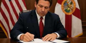 Ron DeSantis firma documento oficial con monedas doradas y plateadas junto a la bandera de Florida