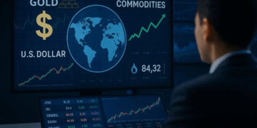 Mercado de acciones financieras con traders analizando datos y gráficos bursátiles en tiempo real.