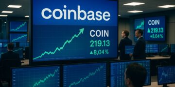 Sala de operaciones bursátiles con gráficos en pantalla mostrando Coinbase