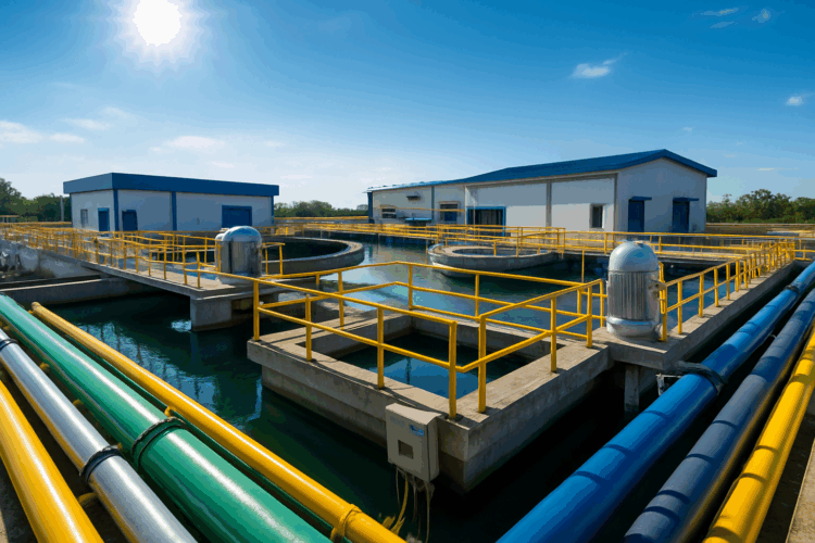 Planta de tratamiento de agua con estructuras industriales y tuberías, bajo luz natural intensa y cielo claro.