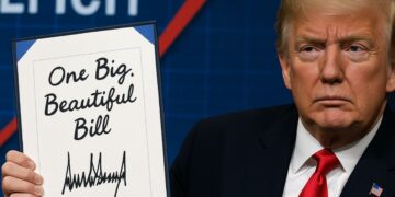 Trump sostiene documento con la frase “One Big, Beautiful Bill” frente a gráfica creciente del déficit