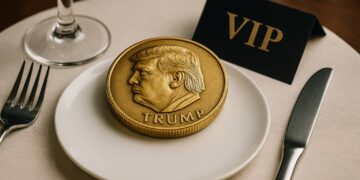 Moneda cripto de Trump sobre mesa elegante, símbolo del auge cripto-político actual
