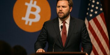 JD Vance da un discurso con fondo de Bitcoin y bandera de EE. UU. al costado.