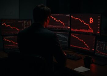 Trader observa caída de portafolio en gráficos rojos desde su estación nocturna.