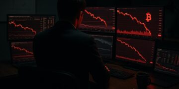 Trader observa caída de portafolio en gráficos rojos desde su estación nocturna.