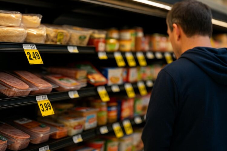 Estanterías de supermercado con precios destacados en contexto de inflación.