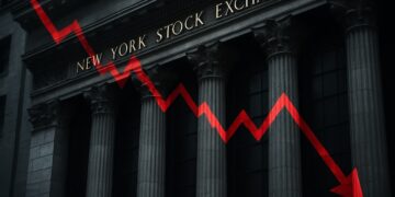 Fachada de la Bolsa de Nueva York con sombras y gráficos de caída, simbolizando temor a recesión.