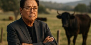 Robert Kiyosaki posa en un campo rural con ganado al fondo tras el récord de este activo en 2025.