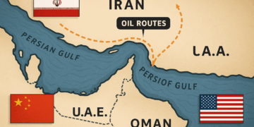 Mapa de Ormuz con rutas de petróleo marcadas y banderas de Irán, EE. UU. y China