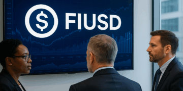 Ejecutivos de Fiserv revisan gráficos del nuevo token FIUSD en oficinas