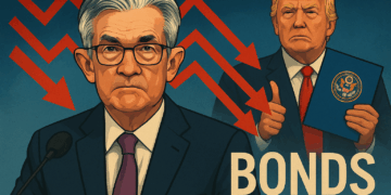 Ilustración de Powell con expresiones tensas, Trump al fondo y gráficos descendentes de bonos del Tesoro