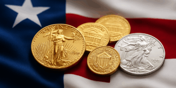 Texas monedas de oro y plata reposan sobre bandera texana desenfocada horizontal