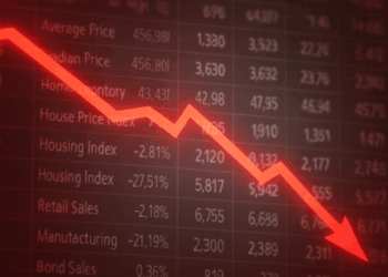 Gráfico en rojo descendente sobre fondo con cifras de vivienda y ventas minoristas