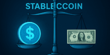 Ilustración de balanza con stablecoin y dólar representando tensiones regulatorias.