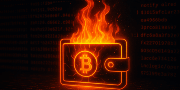 Billetera digital en llamas simboliza la destrucción de criptoactivos durante el ciberataque en Irán.