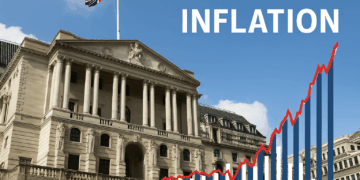 Fachada del Banco de Inglaterra con gráfico de inflación en ascenso y bandera británica ondeando.
