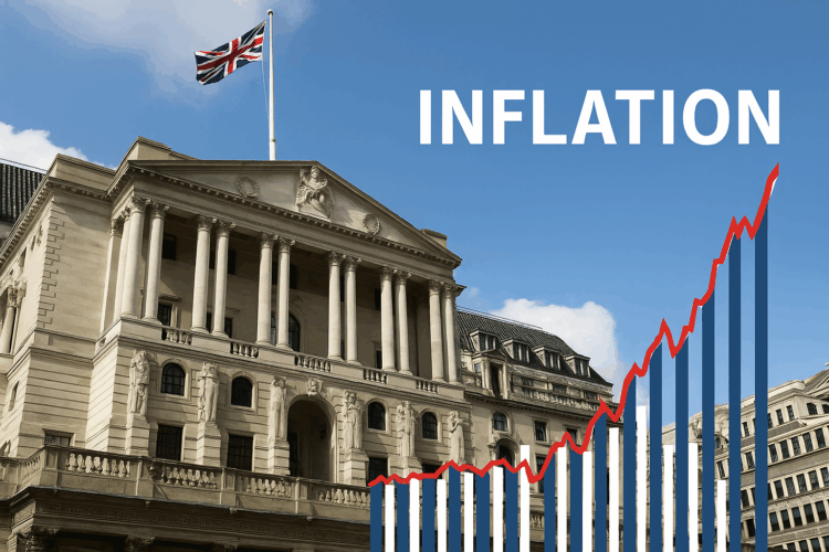 Fachada del Banco de Inglaterra con gráfico de inflación en ascenso y bandera británica ondeando.