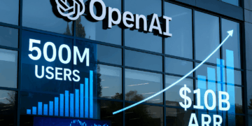 Oficina de OpenAI con métricas de ingresos y usuarios destacadas en fachada
