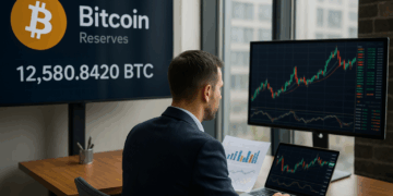 Oficina moderna con analista observando reservas corporativas de Bitcoin y gráficos de impulso cripto.