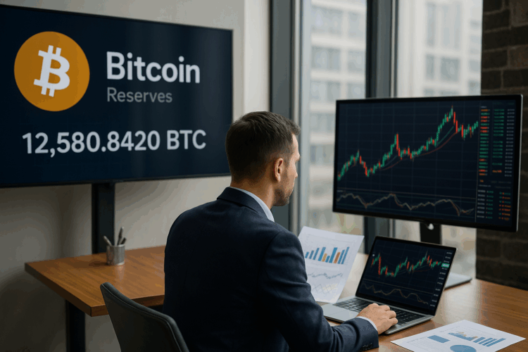Oficina moderna con analista observando reservas corporativas de Bitcoin y gráficos de impulso cripto.