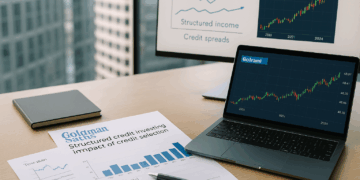 Oficina con análisis de CLOs y CMBS de Goldman Sachs en pantalla.