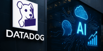 Fachada de DataDog con visuales de inteligencia artificial y nube digital.