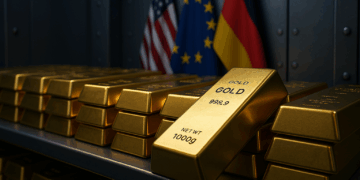 Lingotes de oro en bóveda con banderas nacionales de fondo, reflejando reservas globales.