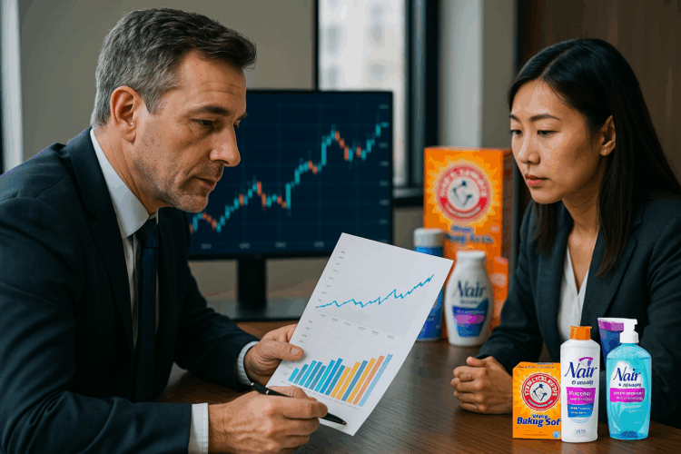Ejecutivos de RBC analizan estrategia financiera con productos de Church & Dwight sobre la mesa.