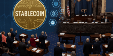 Sesión del Senado de EE. UU. con voto sobre ley de stablecoins y proyección de activos digitales.