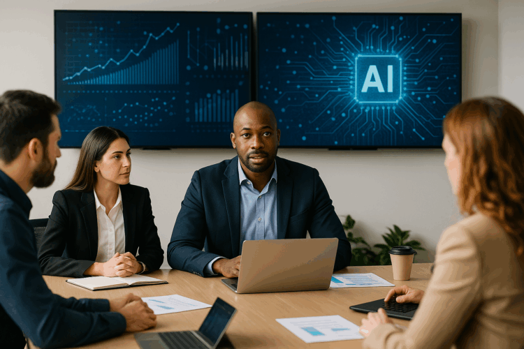 Equipo ejecutivo en sala de reuniones con pantallas de datos y gráficos vinculados a OpenAI e inteligencia artificial.